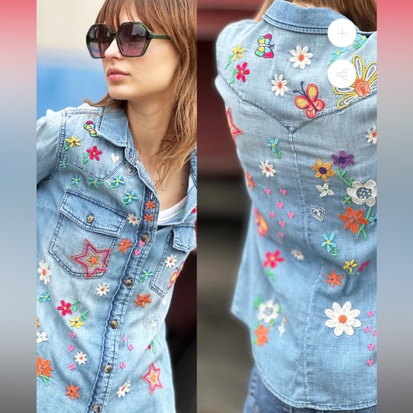 Billy T Sketchbook Embroidery Button Down Shirt in Vintage Blue